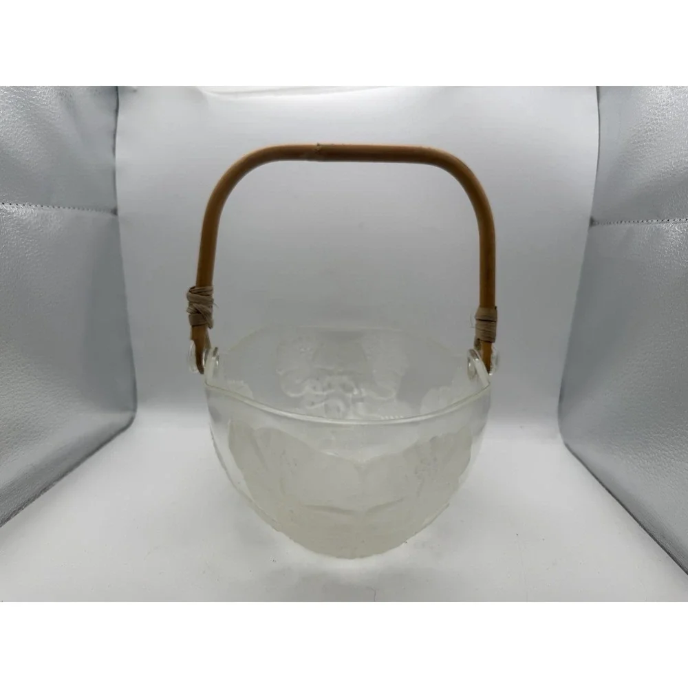 Vintage Aderia Etched Glass Large Bowl Floral Design Bamboo Handles